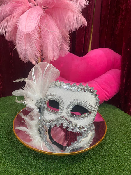 Mask - White Velvet with Tulle and Silver Trim